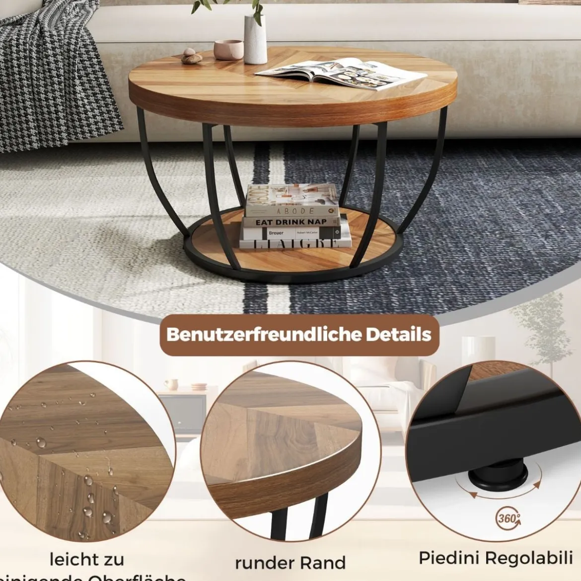 Couchtisch rund Sofatisch Holz mit 2 Ebenen & Metallrahmen Wohnzimmertisch Kafeetisch Natur/Rustikales Braun/Weiß