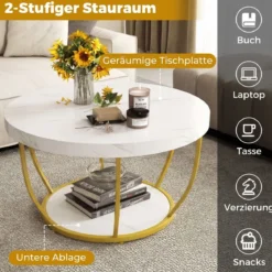 Couchtisch rund Sofatisch Holz mit 2 Ebenen & Metallrahmen Wohnzimmertisch Kafeetisch Natur/Rustikales Braun/Weiß