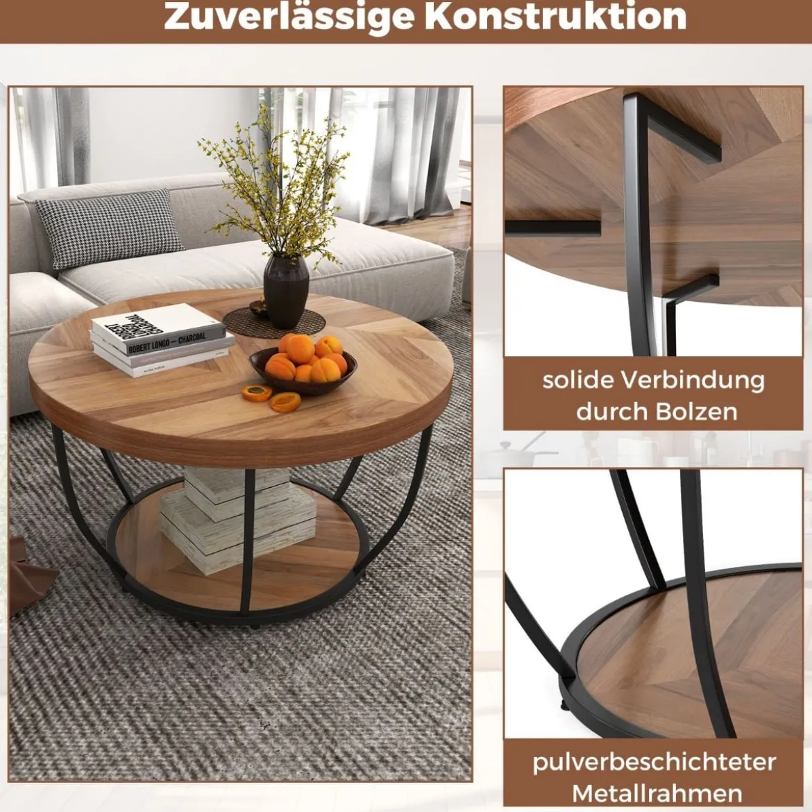 Couchtisch rund Sofatisch Holz mit 2 Ebenen & Metallrahmen Wohnzimmertisch Kafeetisch Natur/Rustikales Braun/Weiß