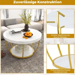Couchtisch rund Sofatisch Holz mit 2 Ebenen & Metallrahmen Wohnzimmertisch Kafeetisch Natur/Rustikales Braun/Weiß
