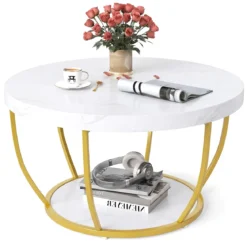Couchtisch rund Sofatisch Holz mit 2 Ebenen & Metallrahmen Wohnzimmertisch Kafeetisch Natur/Rustikales Braun/Weiß