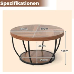 Couchtisch rund Sofatisch Holz mit 2 Ebenen & Metallrahmen Wohnzimmertisch Kafeetisch Natur/Rustikales Braun/Weiß