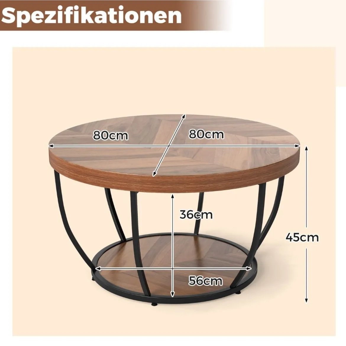 Couchtisch rund Sofatisch Holz mit 2 Ebenen & Metallrahmen Wohnzimmertisch Kafeetisch Natur/Rustikales Braun/Weiß