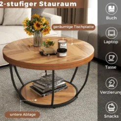 Couchtisch rund Sofatisch Holz mit 2 Ebenen & Metallrahmen Wohnzimmertisch Kafeetisch Natur/Rustikales Braun/Weiß