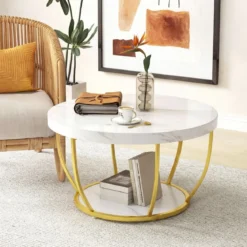 Couchtisch rund Sofatisch Holz mit 2 Ebenen & Metallrahmen Wohnzimmertisch Kafeetisch Natur/Rustikales Braun/Weiß