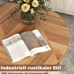Couchtisch rund Sofatisch Holz mit 2 Ebenen & Metallrahmen Wohnzimmertisch Kafeetisch Natur/Rustikales Braun/Weiß