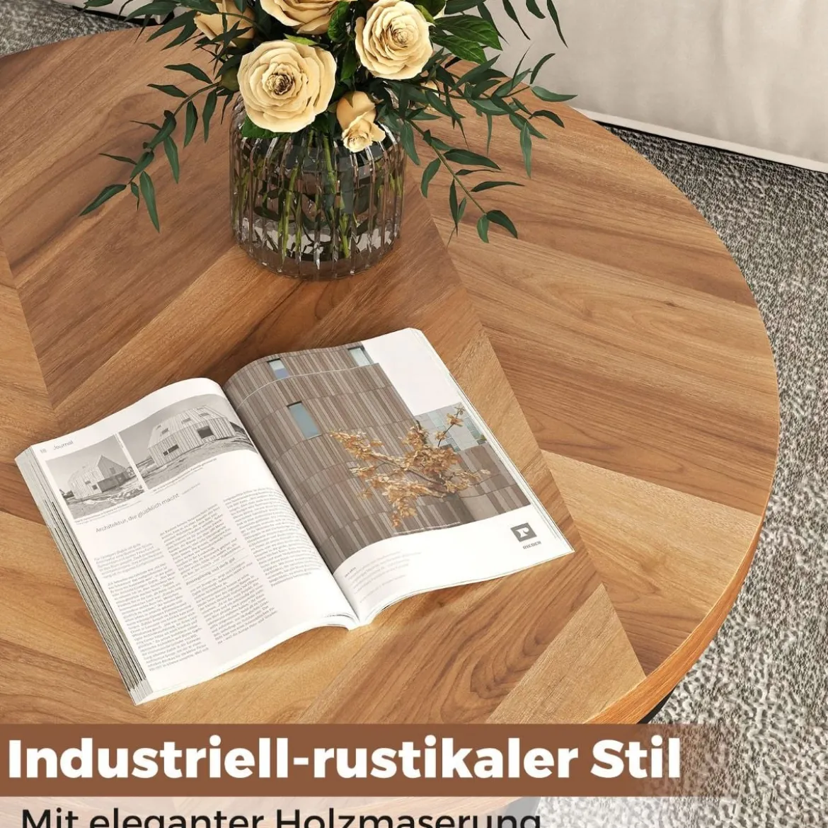 Couchtisch rund Sofatisch Holz mit 2 Ebenen & Metallrahmen Wohnzimmertisch Kafeetisch Natur/Rustikales Braun/Weiß