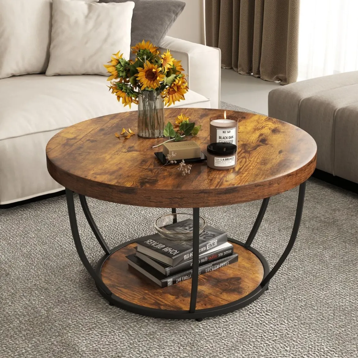 Couchtisch rund Sofatisch Holz mit 2 Ebenen & Metallrahmen Wohnzimmertisch Kafeetisch Natur/Rustikales Braun/Weiß