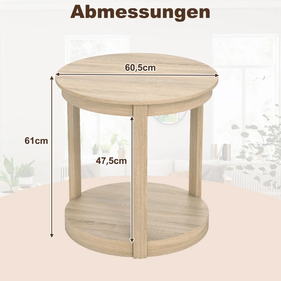 Couchtisch rund Wohnzimmertisch mit 2 Ebenen Sofatisch Gummiholz Kafeetisch Beistelltisch im Landhaus Eiche