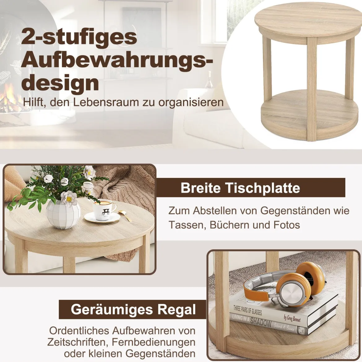 Couchtisch rund Wohnzimmertisch mit 2 Ebenen Sofatisch Gummiholz Kafeetisch Beistelltisch im Landhaus Eiche
