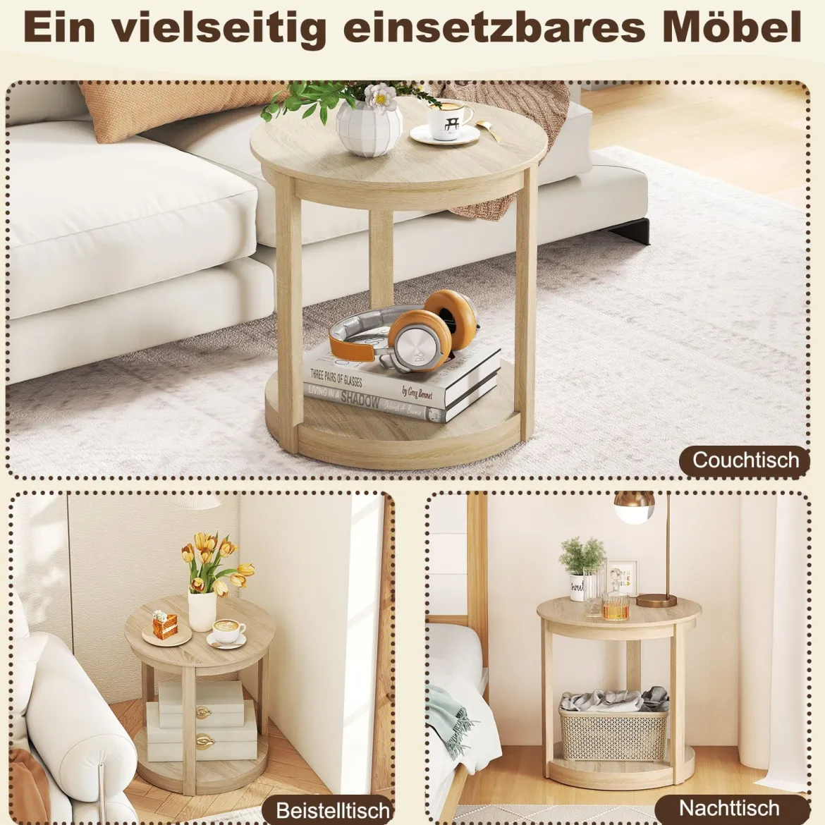 Couchtisch rund Wohnzimmertisch mit 2 Ebenen Sofatisch Gummiholz Kafeetisch Beistelltisch im Landhaus Eiche
