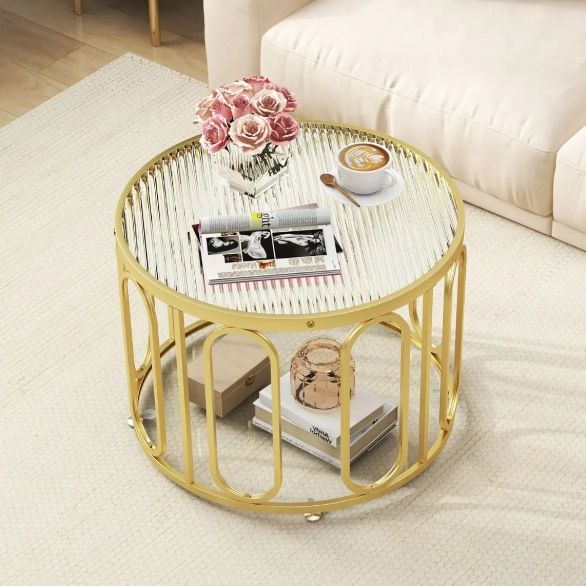 Couchtisch Rund Wohnzimmertisch mit 2 Glasplatten & Drehbares Metallgestell transformierbar Gesamttragfähigkeit von 30 kg