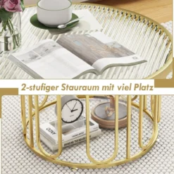Couchtisch Rund Wohnzimmertisch mit 2 Glasplatten & Drehbares Metallgestell transformierbar Gesamttragfähigkeit von 30 kg