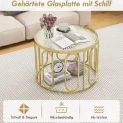 Couchtisch Rund Wohnzimmertisch mit 2 Glasplatten & Drehbares Metallgestell transformierbar Gesamttragfähigkeit von 30 kg