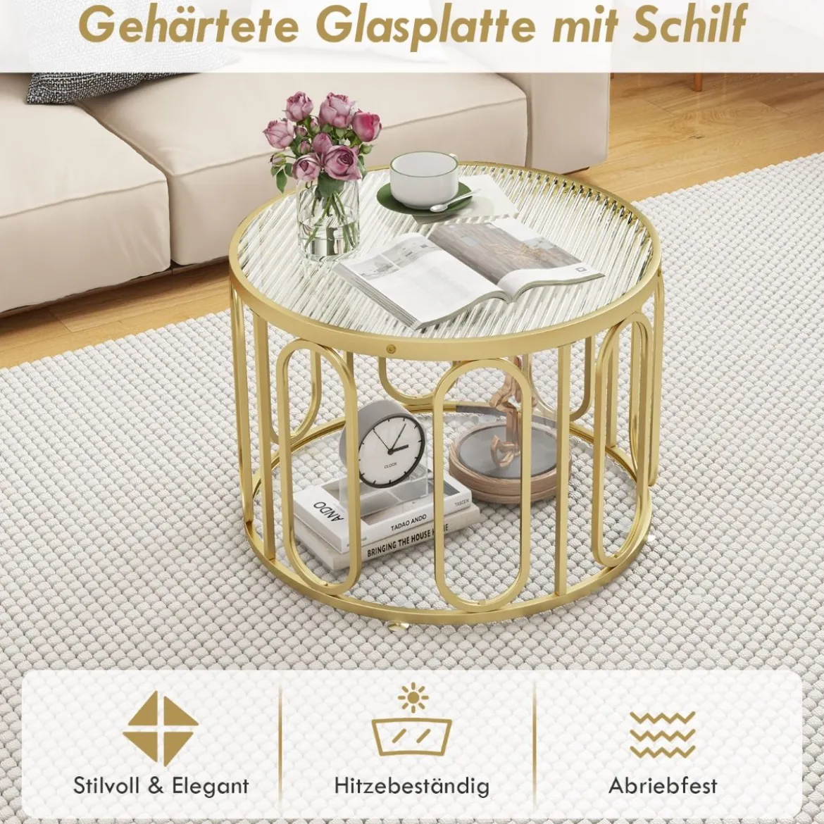 Couchtisch Rund Wohnzimmertisch mit 2 Glasplatten & Drehbares Metallgestell transformierbar Gesamttragfähigkeit von 30 kg
