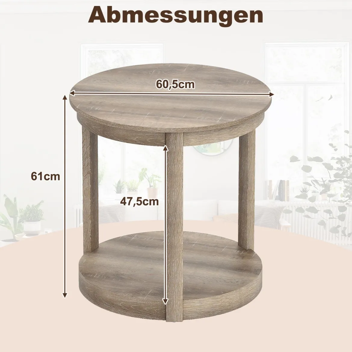 Couchtisch rund Wohnzimmertisch mit 2 Ebenen Sofatisch Gummiholz Kafeetisch Beistelltisch im Landhaus Grau