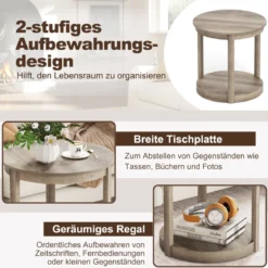 Couchtisch rund Wohnzimmertisch mit 2 Ebenen Sofatisch Gummiholz Kafeetisch Beistelltisch im Landhaus Grau