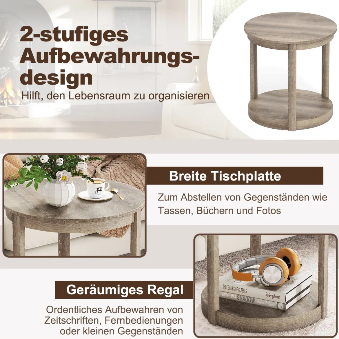 Couchtisch rund Wohnzimmertisch mit 2 Ebenen Sofatisch Gummiholz Kafeetisch Beistelltisch im Landhaus Grau
