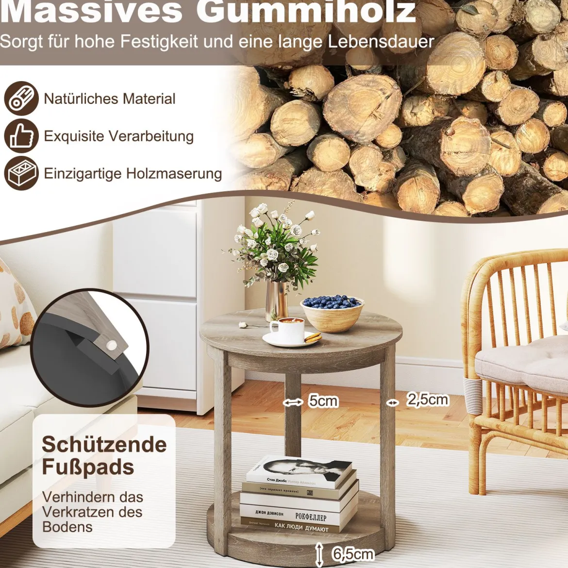 Couchtisch rund Wohnzimmertisch mit 2 Ebenen Sofatisch Gummiholz Kafeetisch Beistelltisch im Landhaus Grau
