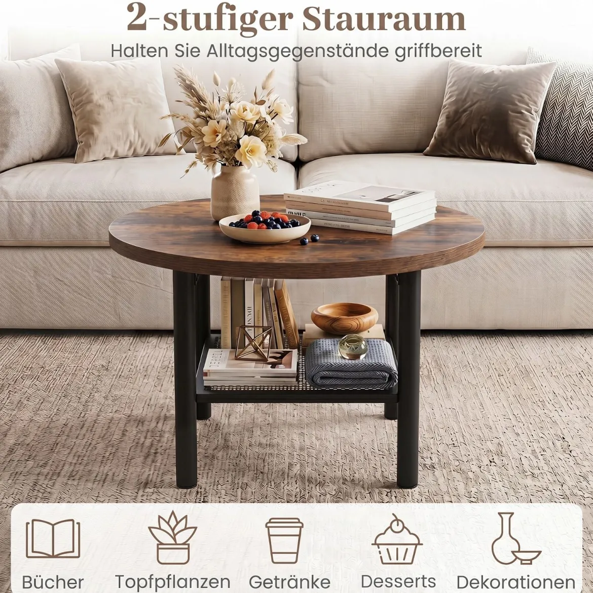 Couchtisch Rund Wohnzimmertisch mit Offenem Regal Sofatisch 60 x 60 x 42 cm Rustikalbraun