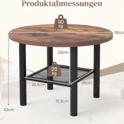 Couchtisch Rund Wohnzimmertisch mit Offenem Regal Sofatisch 60 x 60 x 42 cm Rustikalbraun