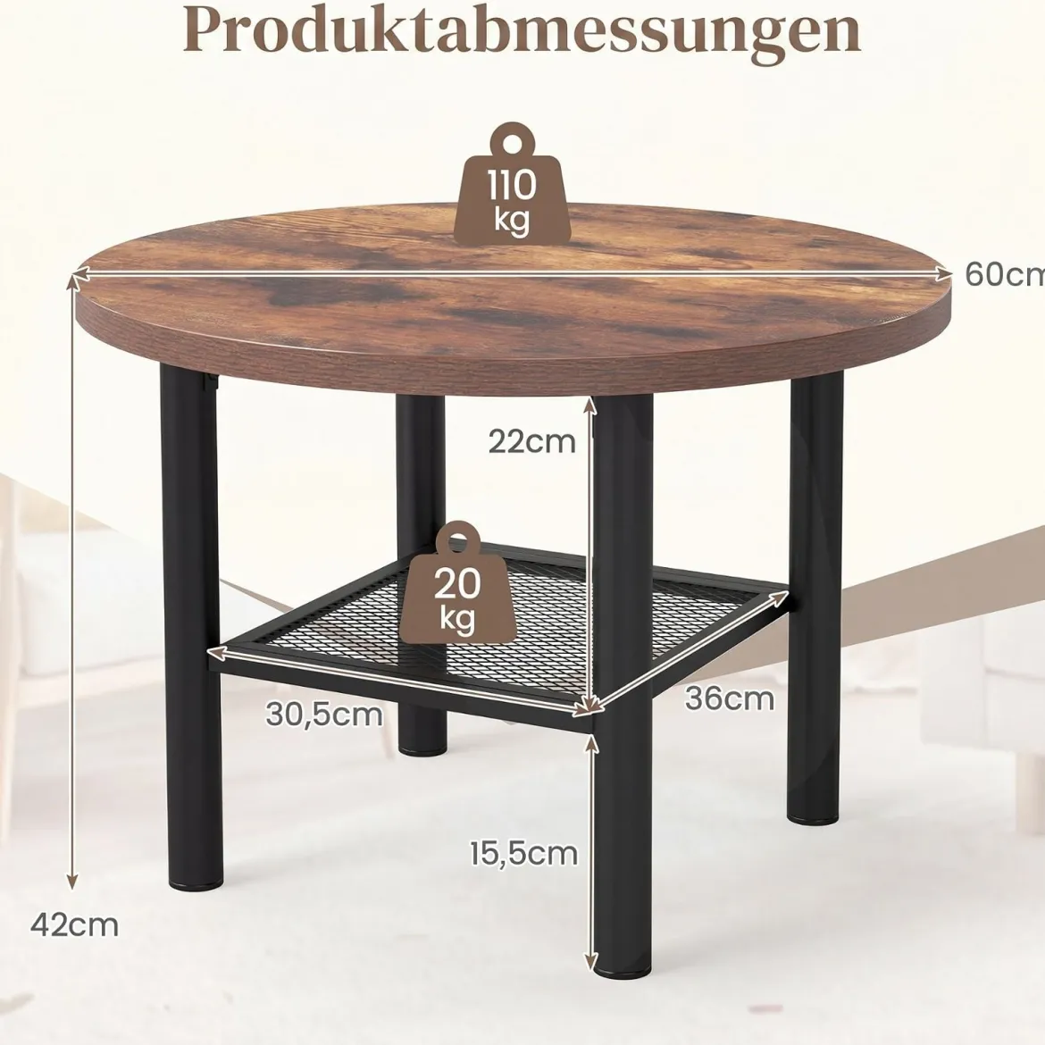 Couchtisch Rund Wohnzimmertisch mit Offenem Regal Sofatisch 60 x 60 x 42 cm Rustikalbraun