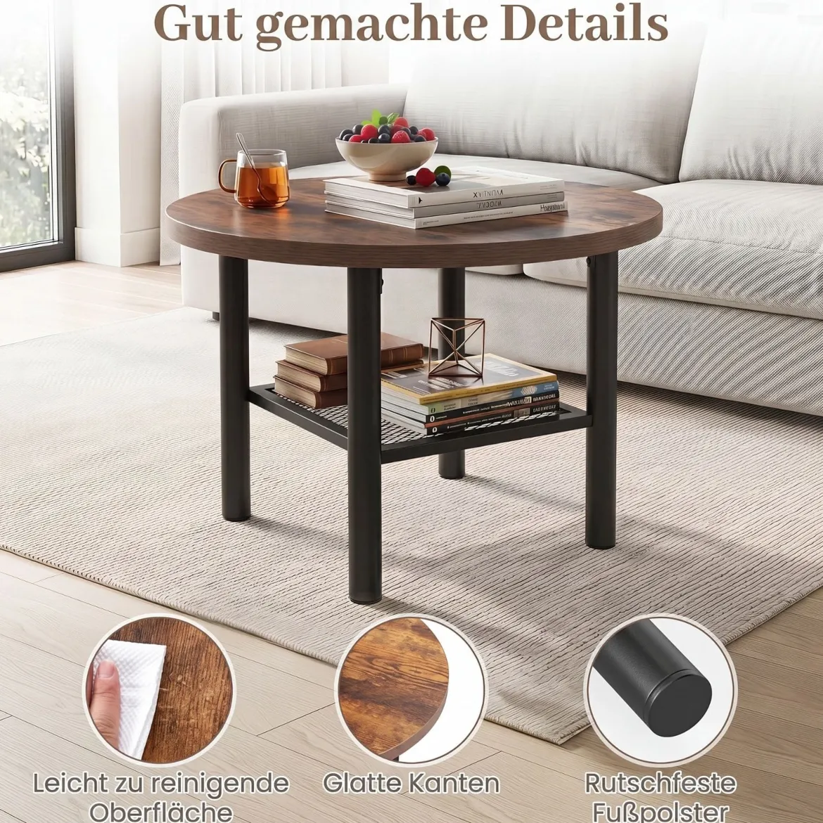 Couchtisch Rund Wohnzimmertisch mit Offenem Regal Sofatisch 60 x 60 x 42 cm Rustikalbraun