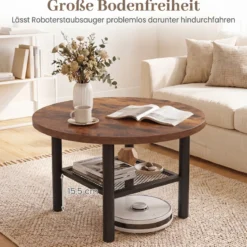 Couchtisch Rund Wohnzimmertisch mit Offenem Regal Sofatisch 60 x 60 x 42 cm Rustikalbraun