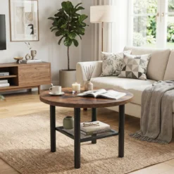 Couchtisch Rund Wohnzimmertisch mit Offenem Regal Sofatisch 60 x 60 x 42 cm Rustikalbraun