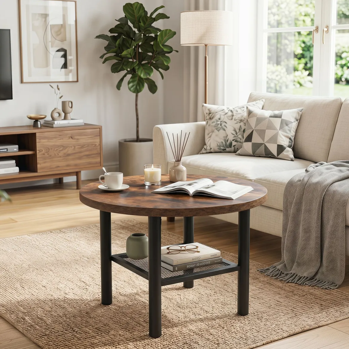 Couchtisch Rund Wohnzimmertisch mit Offenem Regal Sofatisch 60 x 60 x 42 cm Rustikalbraun
