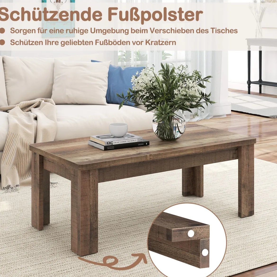 Couchtisch 120 x 60 cm Rechteckiger Wohnzimmertisch Sofatisch mit Stützbeinen bis 110 kg Belastbar Braun