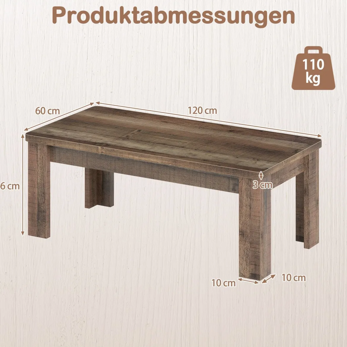 Couchtisch 120 x 60 cm Rechteckiger Wohnzimmertisch Sofatisch mit Stützbeinen bis 110 kg Belastbar Braun