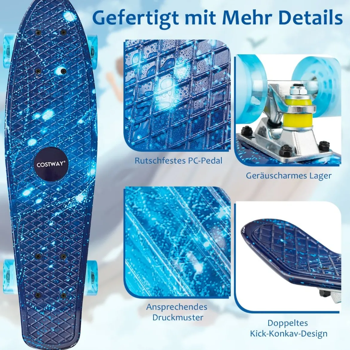 Cruiser-Skateboard 56 cm Langes Mini-Skateboard mit PU-Rädern Blau