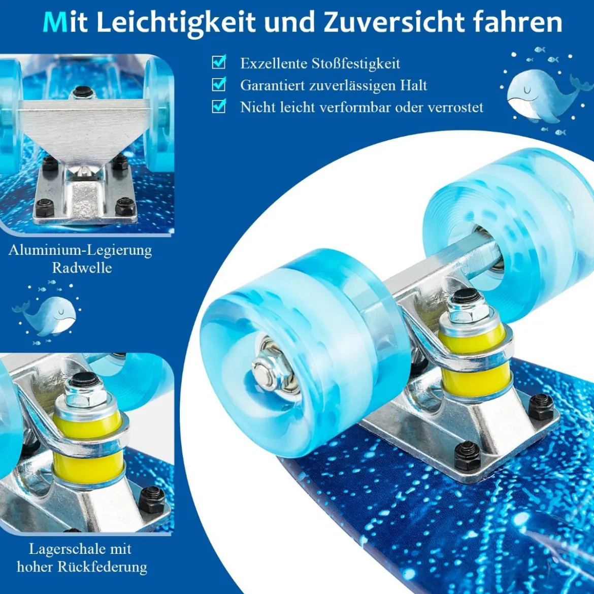 Cruiser-Skateboard 56 cm Langes Mini-Skateboard mit PU-Rädern Blau