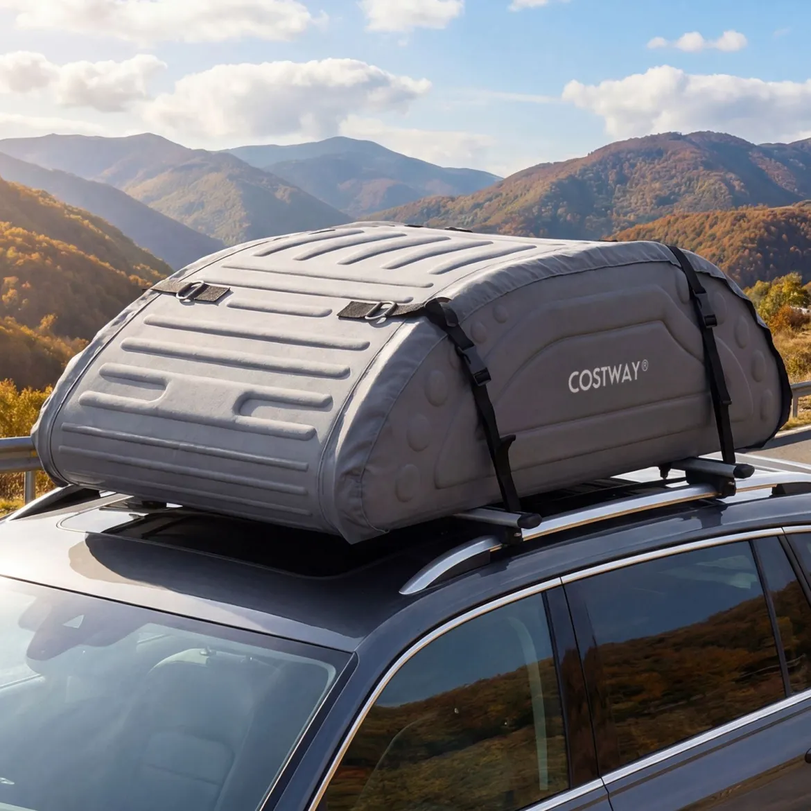 Dach-Box mit 400 Liter Kapazität Wetterbeständiger Dachkoffer mit Soft-Shell Verkleidung Grau