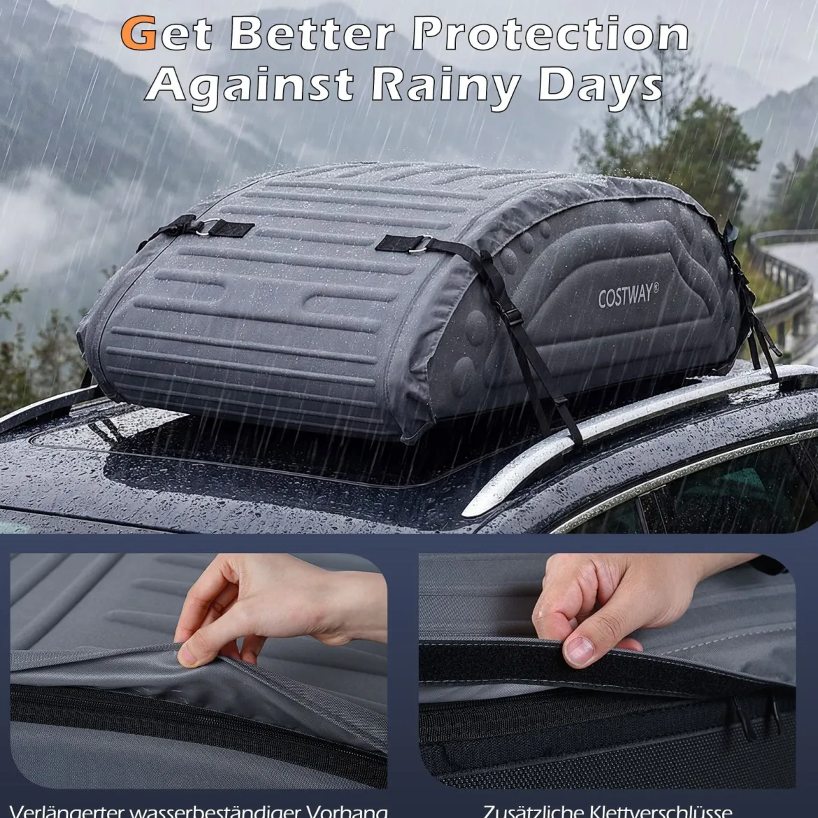Dach-Box mit 400 Liter Kapazität Wetterbeständiger Dachkoffer mit Soft-Shell Verkleidung Grau