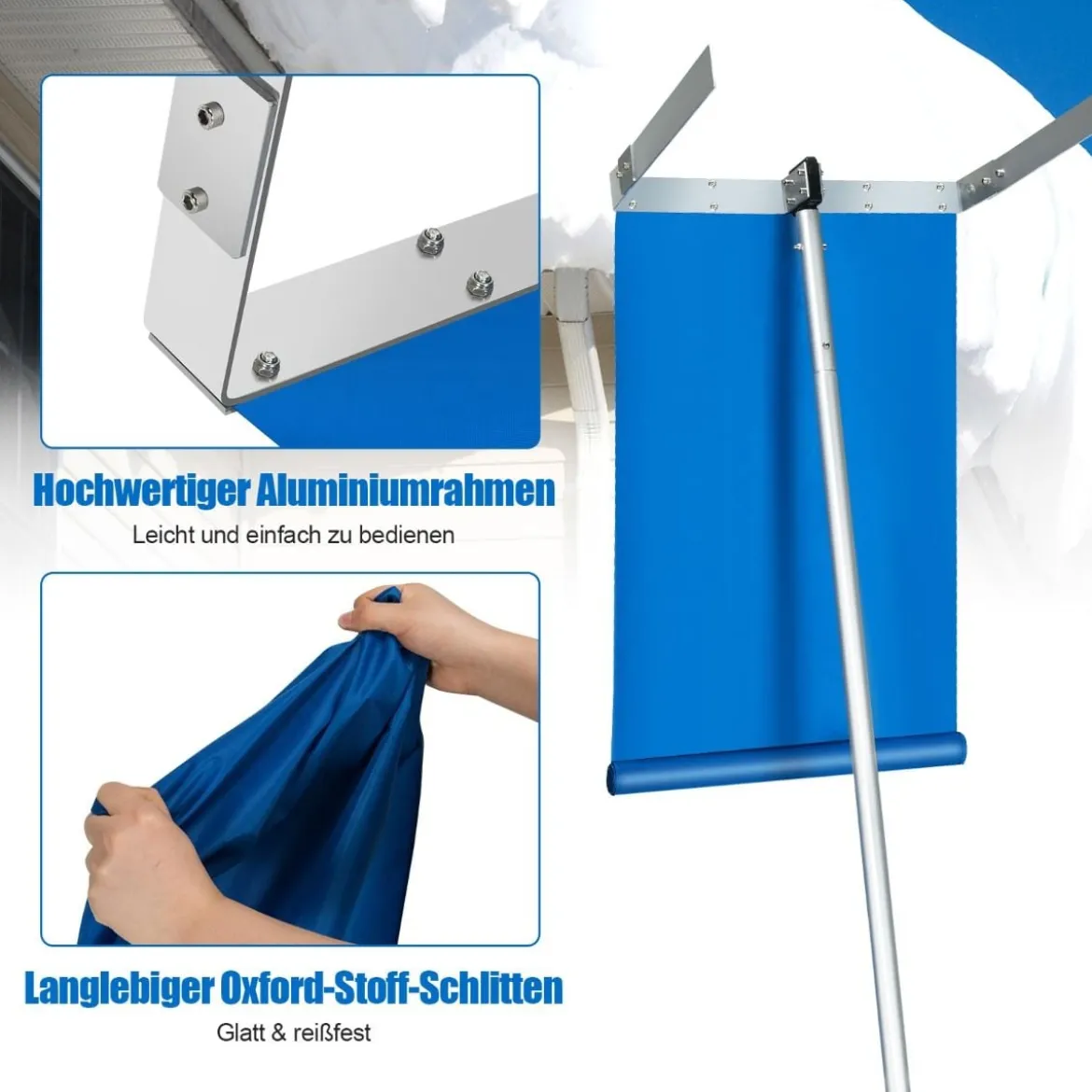 Dach-Schneeschaufel Schneeräumungswerkzeug aus Aluminium mit 3 Verlängerungsstangen Silber+ Blau