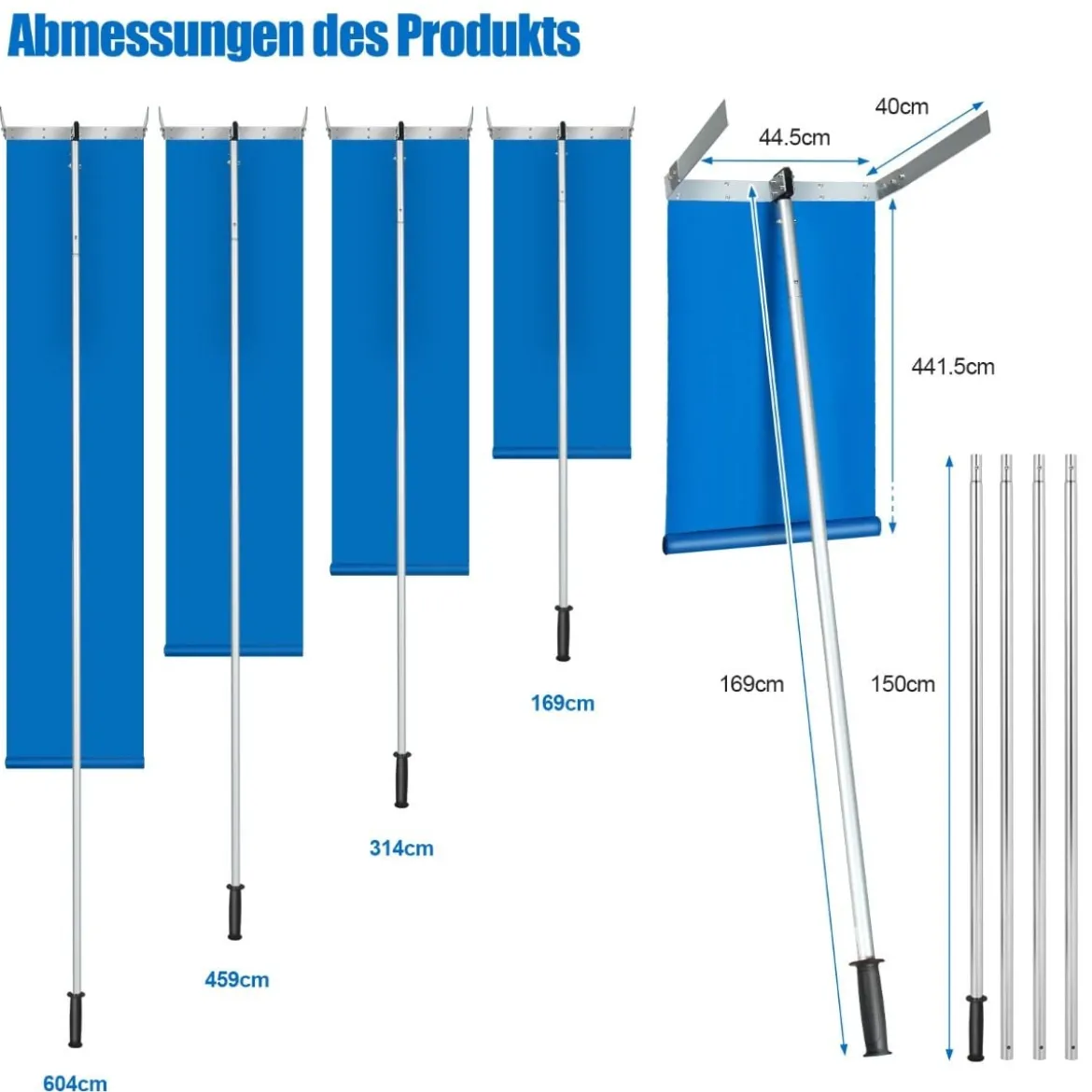 Dach-Schneeschaufel Schneeräumungswerkzeug aus Aluminium mit 3 Verlängerungsstangen Silber+ Blau