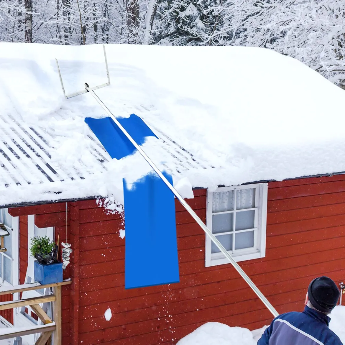 Dach-Schneeschaufel Schneeräumungswerkzeug aus Aluminium mit 3 Verlängerungsstangen Silber+ Blau
