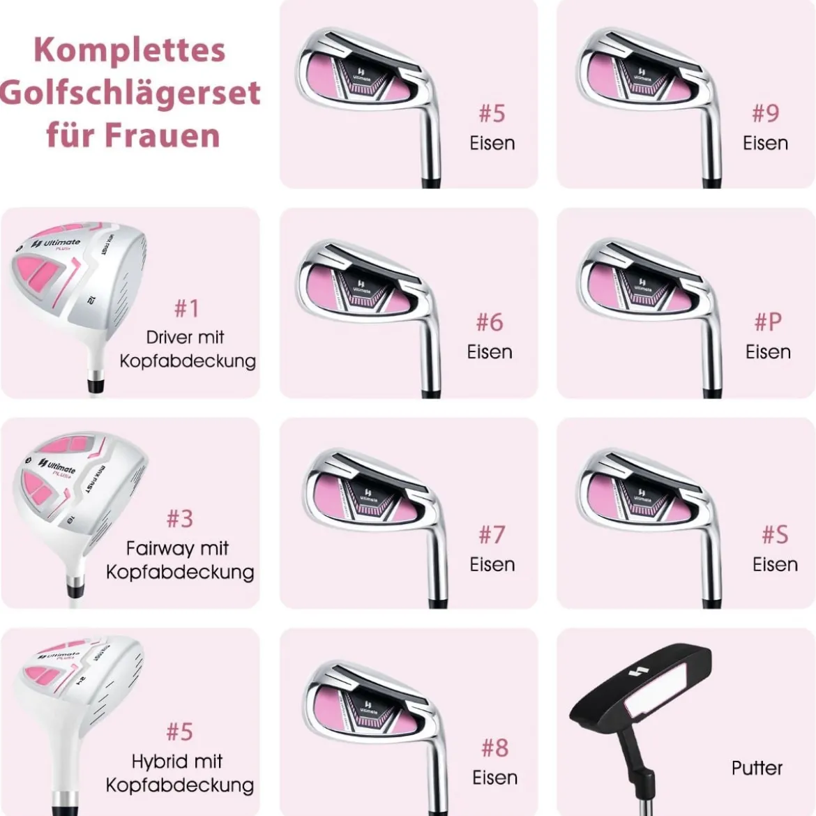 Damen Golfschläger Set 11 teilige Golfschlägersätze rechtshändig mit Regenhaube Rosa