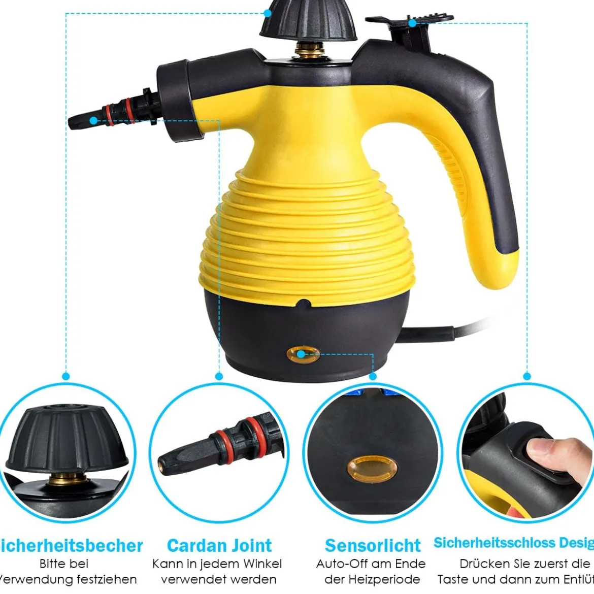 Dampfreiniger Handgerät 9-teiliges Zubehör-Set und sicheres Design Dampfreinigen Gelb