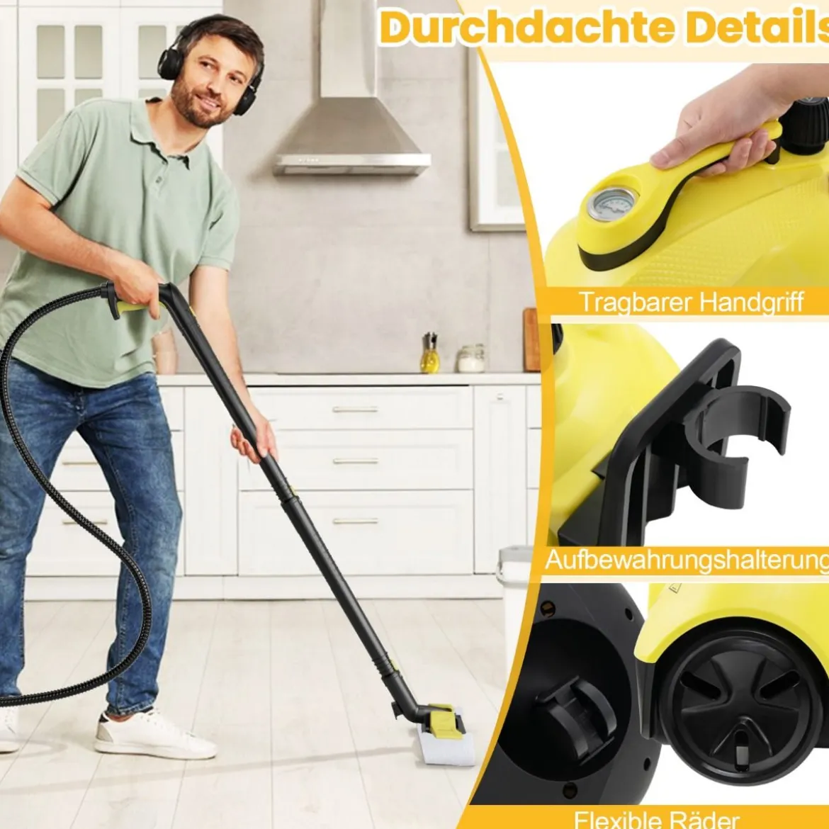 Dampfreiniger 2000W Dampfdruck: 5 bar Tank: 1,8L Temperatur: bis zu 160℃ Gelb/Weiß