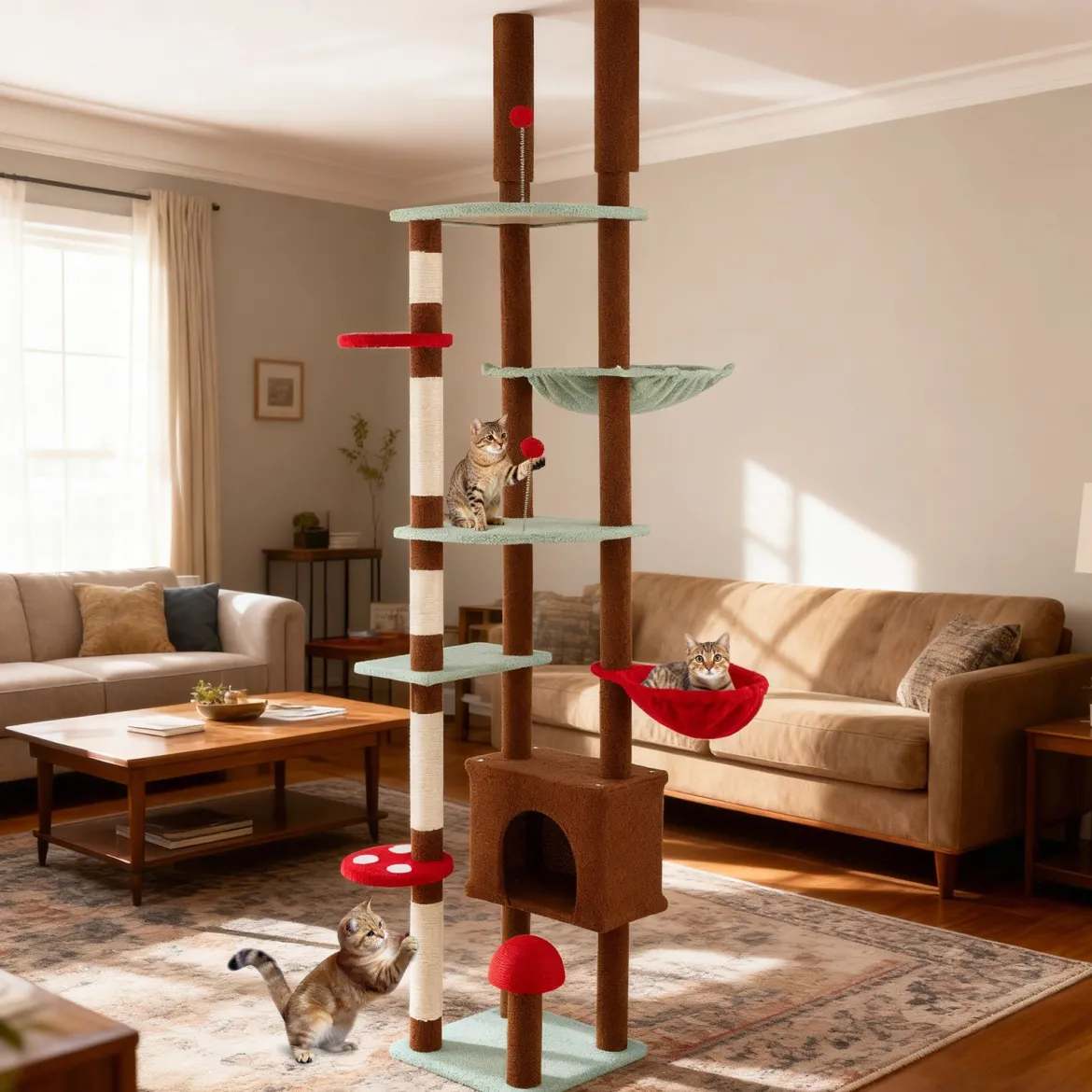 Deckenhoch Pilz Kratzbaum mit Hängekorb & Sisal-Kratzpfosten & Ball Kletterbaum Katzenbaum