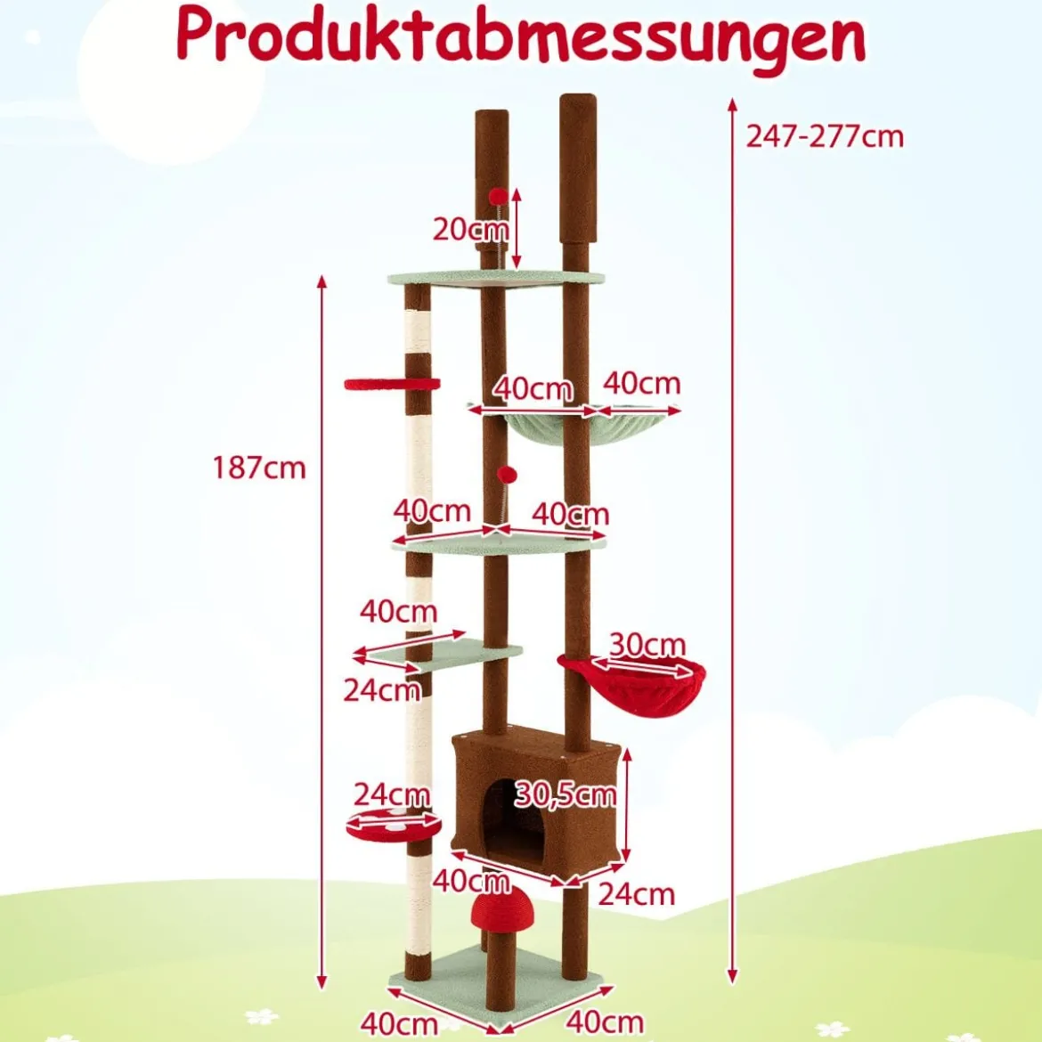 Deckenhoch Pilz Kratzbaum mit Hängekorb & Sisal-Kratzpfosten & Ball Kletterbaum Katzenbaum