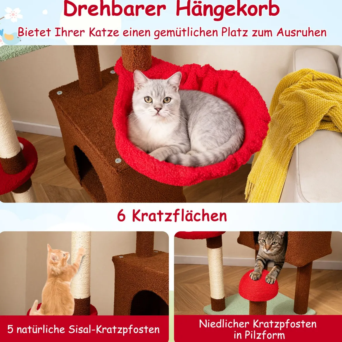 Deckenhoch Pilz Kratzbaum mit Hängekorb & Sisal-Kratzpfosten & Ball Kletterbaum Katzenbaum
