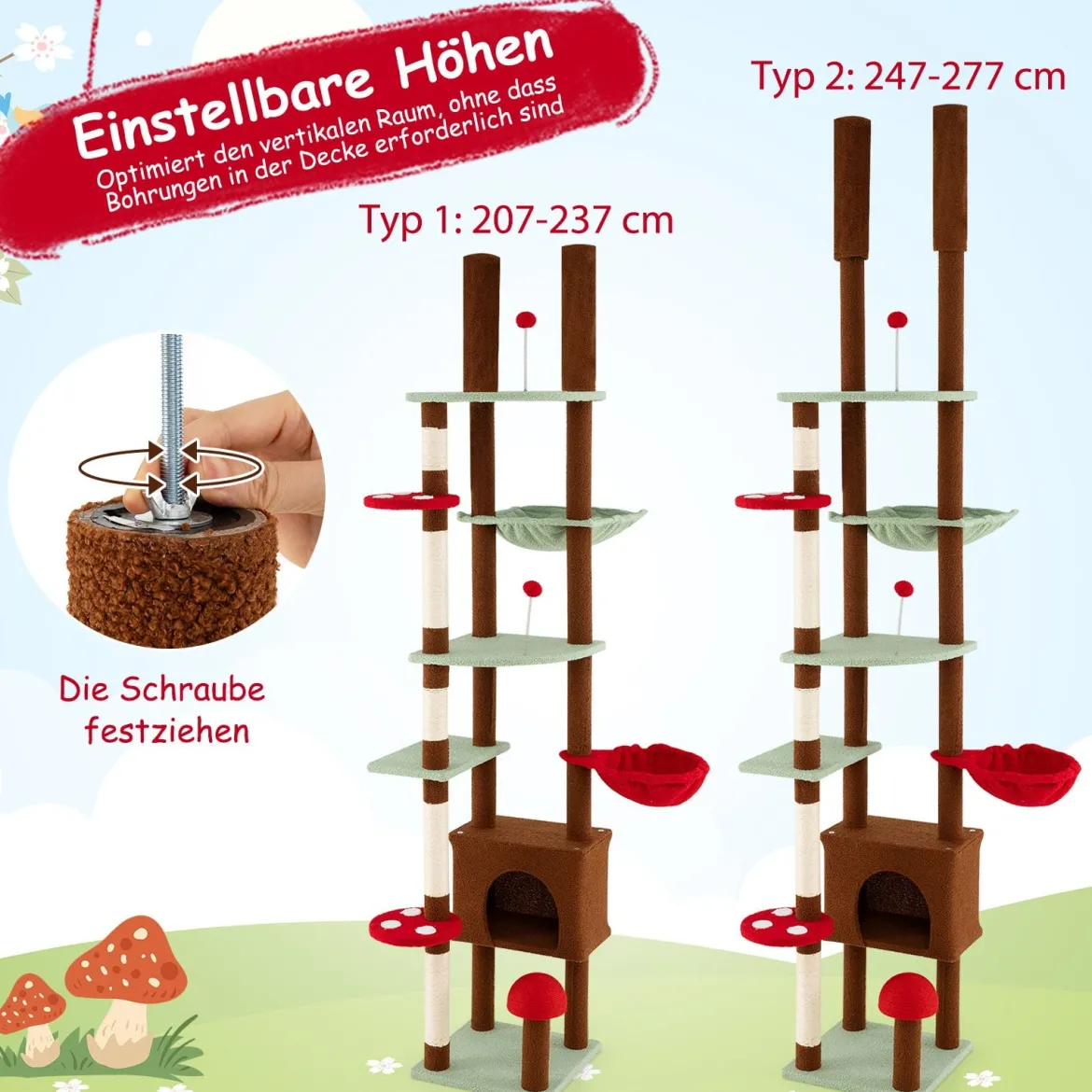 Deckenhoch Pilz Kratzbaum mit Hängekorb & Sisal-Kratzpfosten & Ball Kletterbaum Katzenbaum