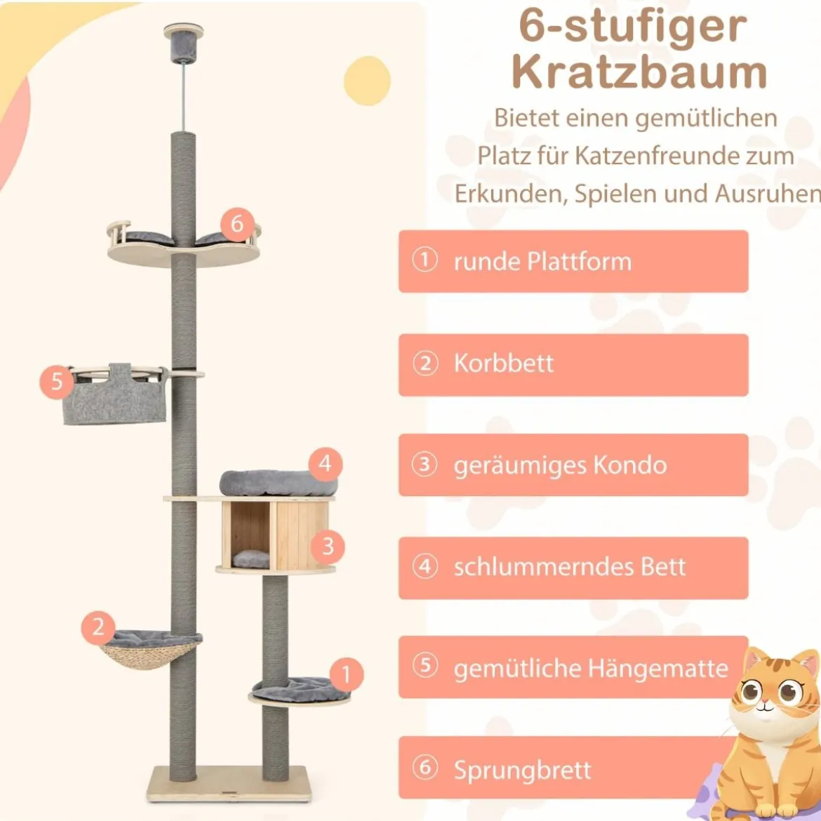 Deckenhoher Kratzbaum mit Katzenhöhle & Hängematte & 255–280 cm Verstellbarer Höhe Katzenturm