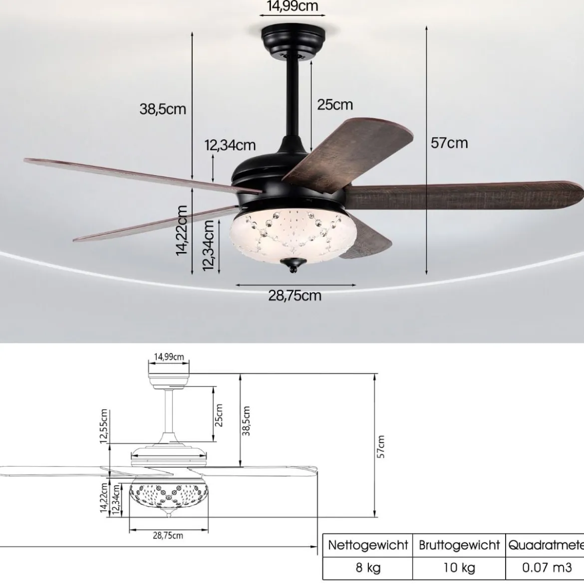 Deckenventilator mit Fernbedienung 132 cm Durchmesser Deckenlüfter mit 2 Stäben Schwarz