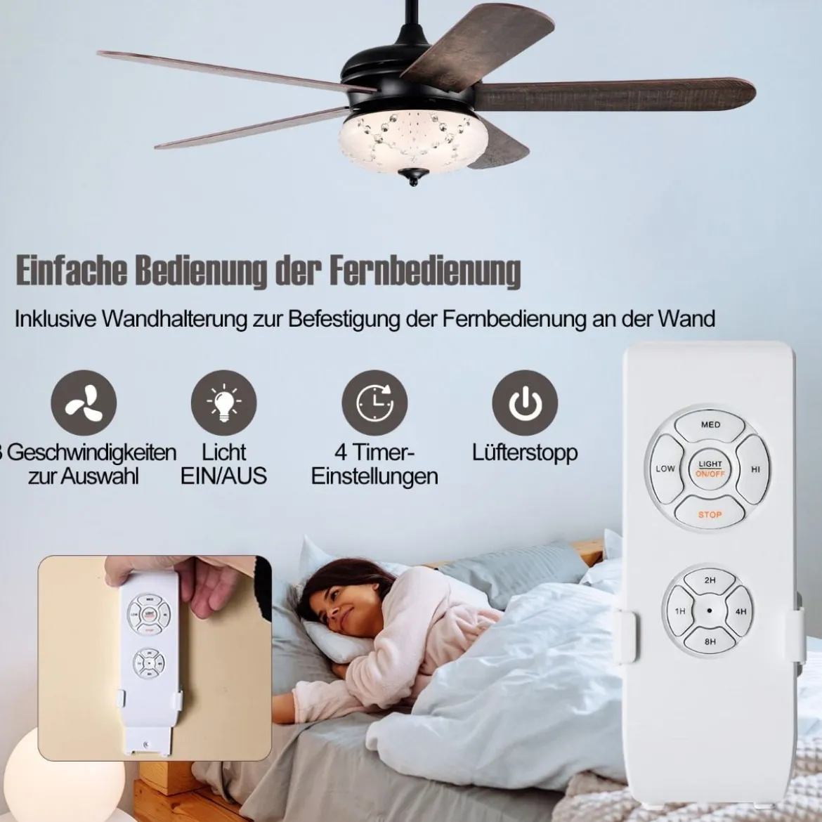Deckenventilator mit Fernbedienung 132 cm Durchmesser Deckenlüfter mit 2 Stäben Schwarz