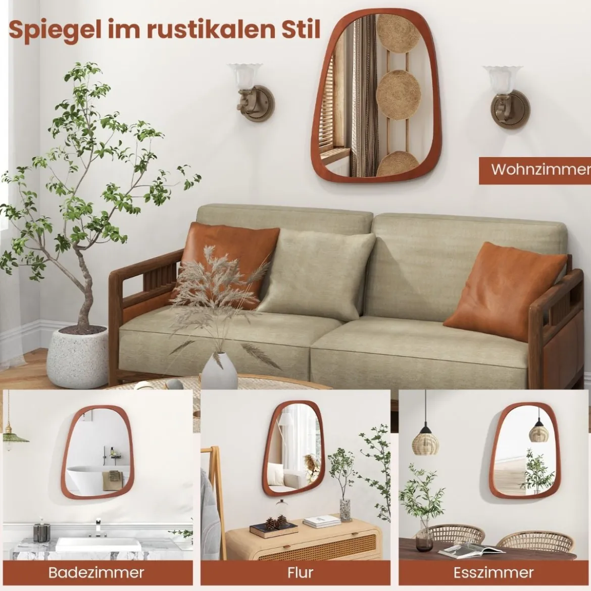 Dekorativer Wandspiegel mit Rustikalem Rahmen Asymmetrischer Spiegel 68 x 53,5 cm